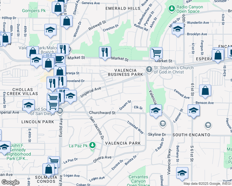 map of restaurants, bars, coffee shops, grocery stores, and more near 5411-5425 Santa Margarita Street in San Diego