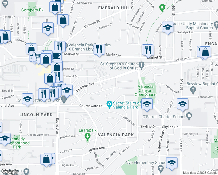 map of restaurants, bars, coffee shops, grocery stores, and more near 5411-5425 Santa Margarita Street in San Diego