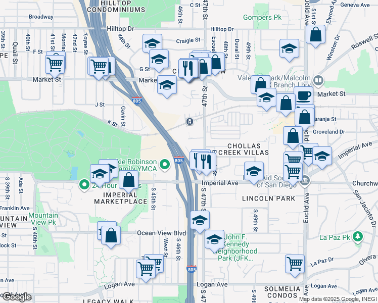 map of restaurants, bars, coffee shops, grocery stores, and more near 4640 Nogal Street in San Diego