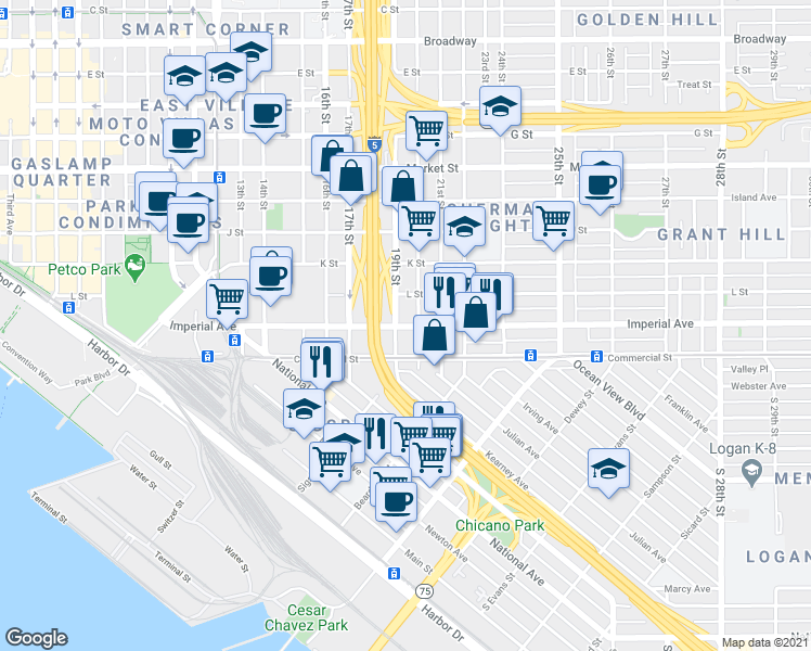 map of restaurants, bars, coffee shops, grocery stores, and more near 66 19th Street in San Diego