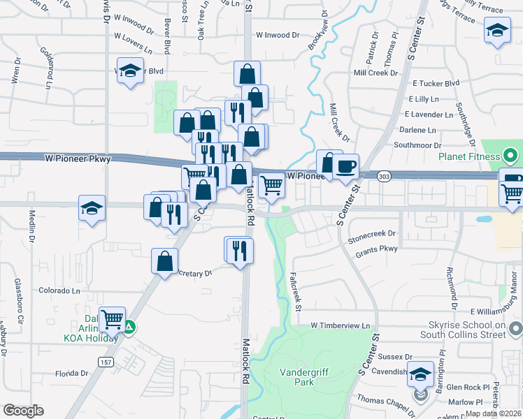 map of restaurants, bars, coffee shops, grocery stores, and more near 601 West Arkansas Lane in Arlington