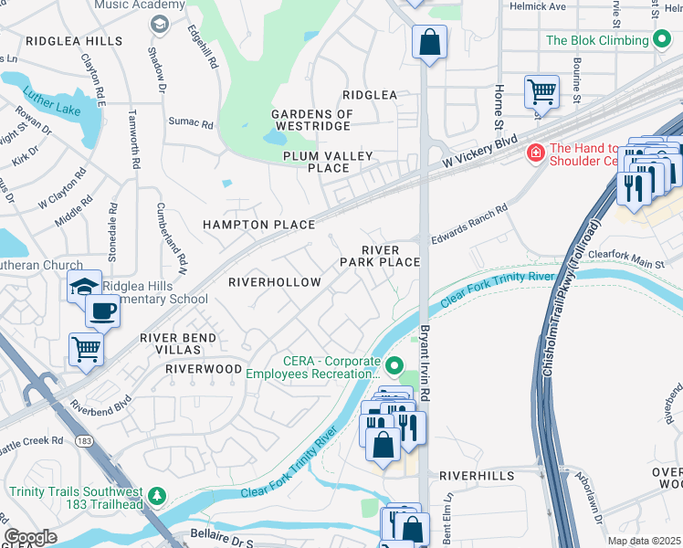 map of restaurants, bars, coffee shops, grocery stores, and more near 2717 River Forest Drive in Fort Worth
