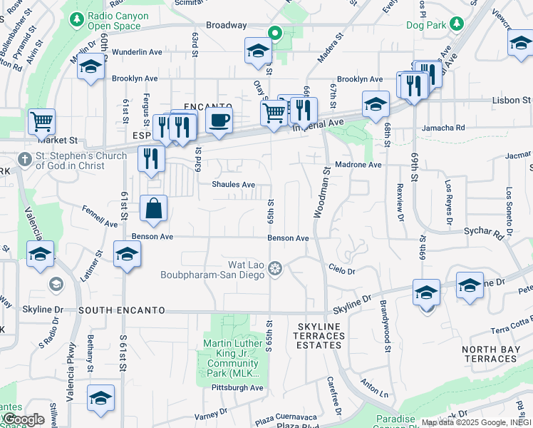 map of restaurants, bars, coffee shops, grocery stores, and more near 250 65th Street in San Diego