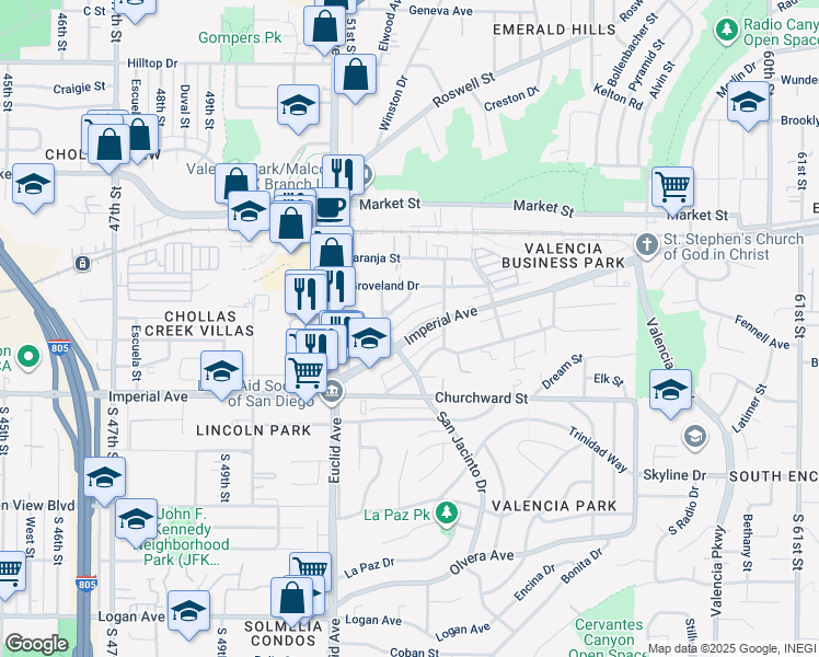 map of restaurants, bars, coffee shops, grocery stores, and more near 5212 Imperial Avenue in San Diego