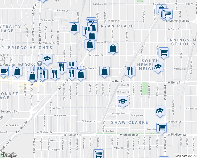map of restaurants, bars, coffee shops, grocery stores, and more near 1520 West Berry Street in Fort Worth