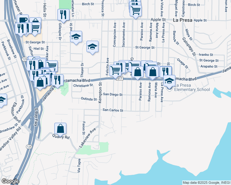 map of restaurants, bars, coffee shops, grocery stores, and more near 9312 San Diego Street in Spring Valley