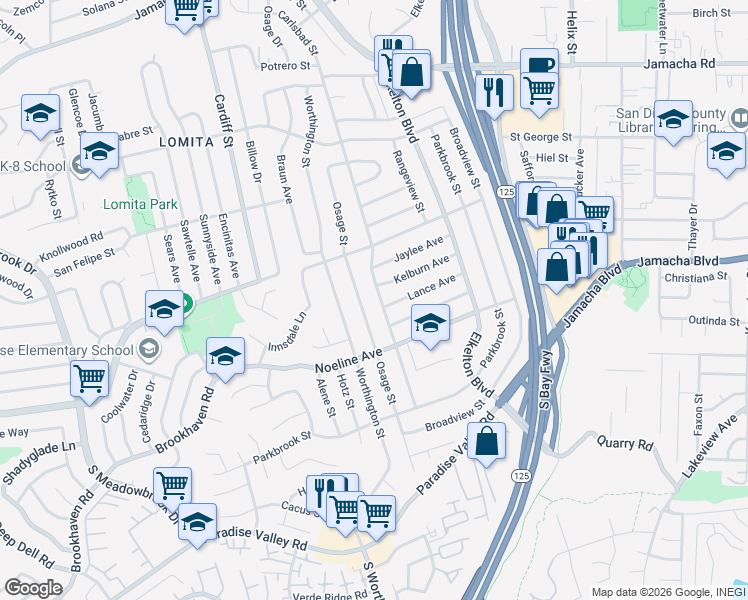 map of restaurants, bars, coffee shops, grocery stores, and more near 642 Carlsbad Street in Spring Valley