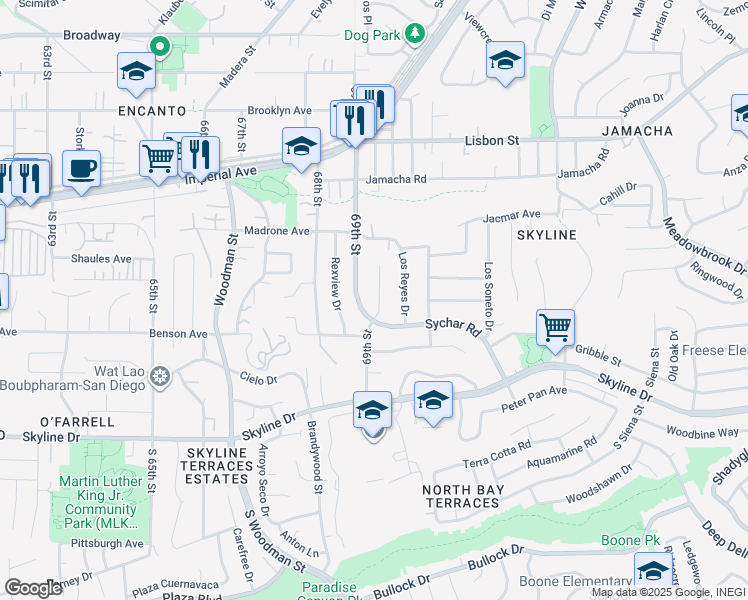 map of restaurants, bars, coffee shops, grocery stores, and more near 218 Elvado Way in San Diego