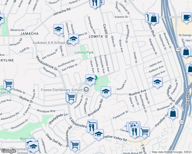 map of restaurants, bars, coffee shops, grocery stores, and more near 302 Sawtelle Avenue in San Diego