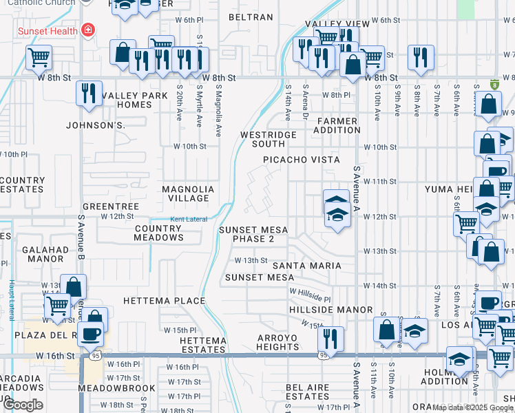 map of restaurants, bars, coffee shops, grocery stores, and more near 1600 West 12th Street in Yuma