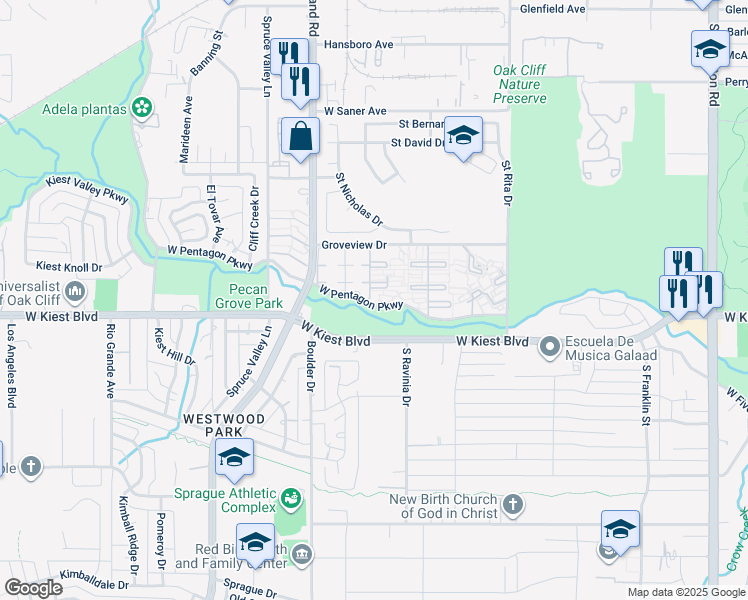 map of restaurants, bars, coffee shops, grocery stores, and more near 3035 West Pentagon Parkway in Dallas