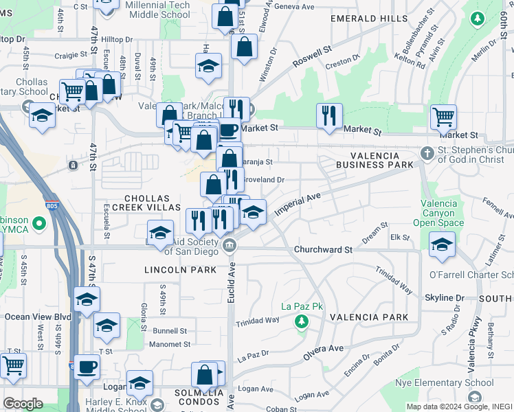 map of restaurants, bars, coffee shops, grocery stores, and more near 5175 Castana Street in San Diego