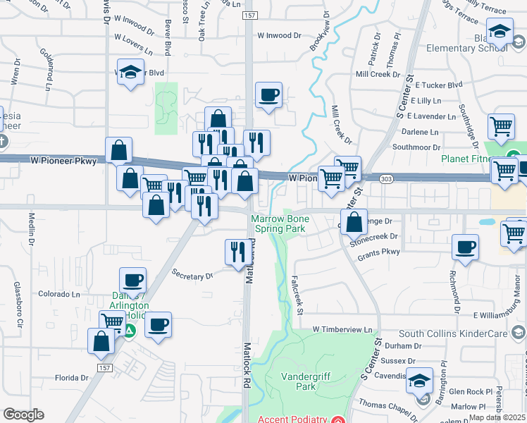 map of restaurants, bars, coffee shops, grocery stores, and more near 601 West Arkansas Lane in Arlington
