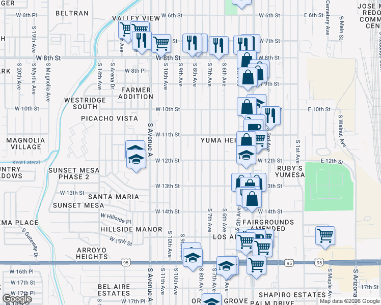 map of restaurants, bars, coffee shops, grocery stores, and more near 822 West 12th Street in Yuma