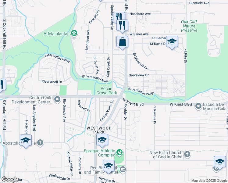 map of restaurants, bars, coffee shops, grocery stores, and more near 1008 Spruce Valley Lane in Dallas