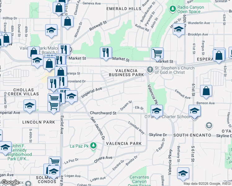 map of restaurants, bars, coffee shops, grocery stores, and more near 5411-5425 Santa Margarita Street in San Diego