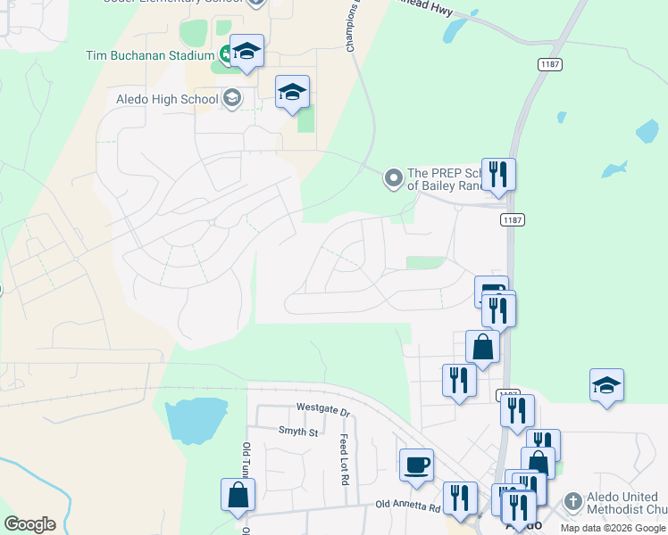 map of restaurants, bars, coffee shops, grocery stores, and more near 727 Rosewood Place in Aledo