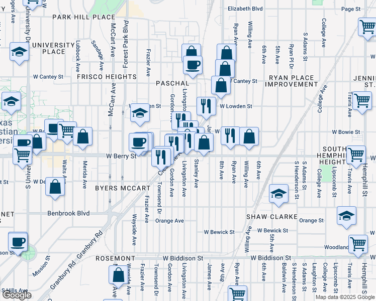 map of restaurants, bars, coffee shops, grocery stores, and more near 1814 West Berry Street in Fort Worth