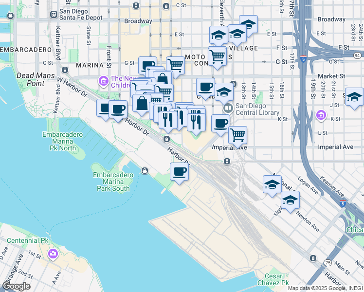 map of restaurants, bars, coffee shops, grocery stores, and more near 19 Tony Gwynn Drive in San Diego