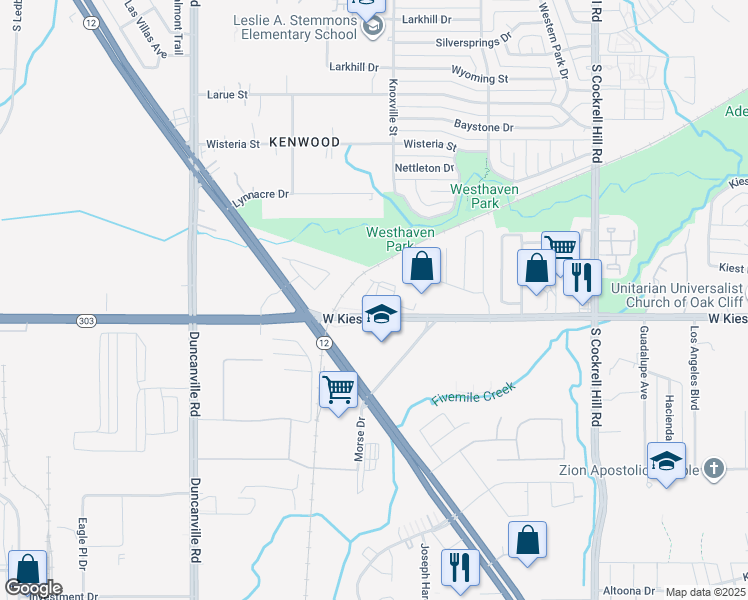map of restaurants, bars, coffee shops, grocery stores, and more near 4701 West Kiest Boulevard in Dallas