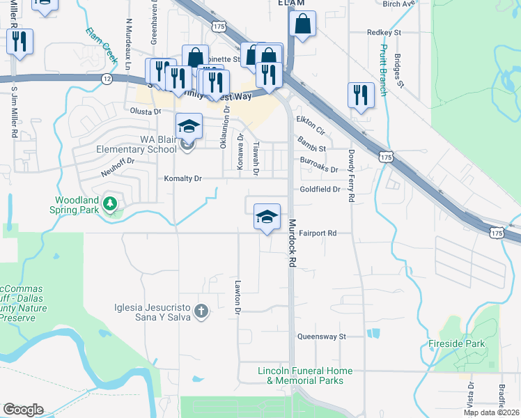 map of restaurants, bars, coffee shops, grocery stores, and more near 7923 South Nassau Circle in Dallas