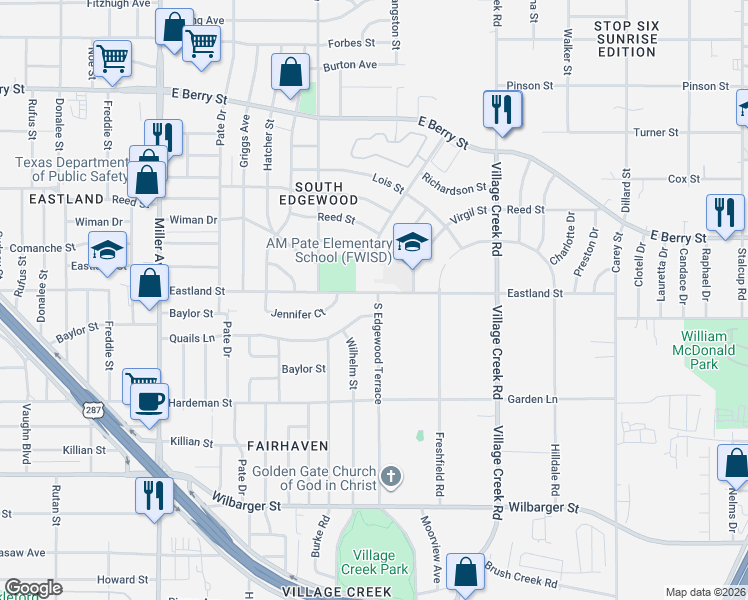 map of restaurants, bars, coffee shops, grocery stores, and more near 4645 Quails Lane in Fort Worth
