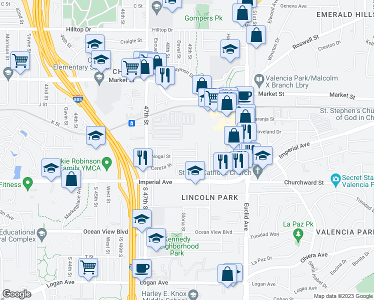 map of restaurants, bars, coffee shops, grocery stores, and more near in San Diego