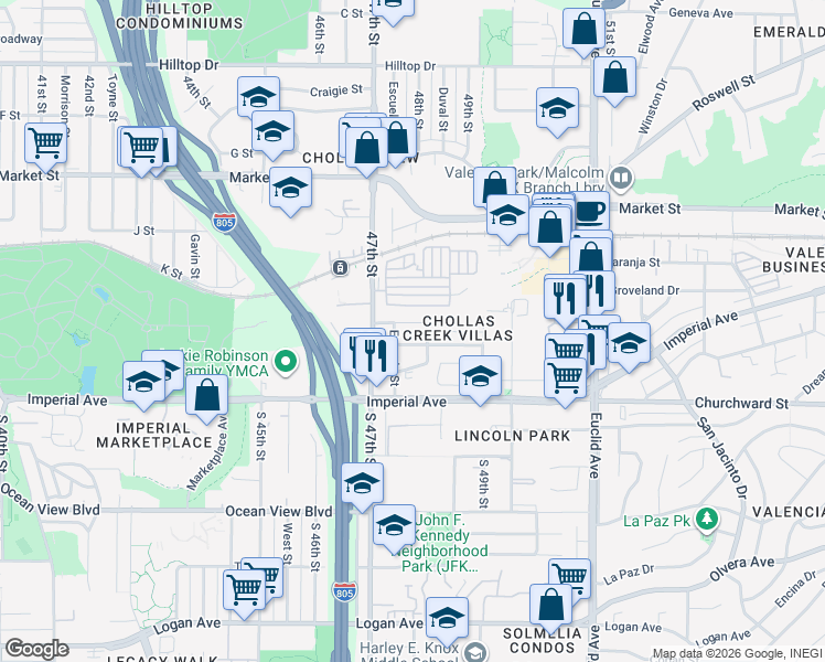 map of restaurants, bars, coffee shops, grocery stores, and more near 4806 Nogal Street in San Diego