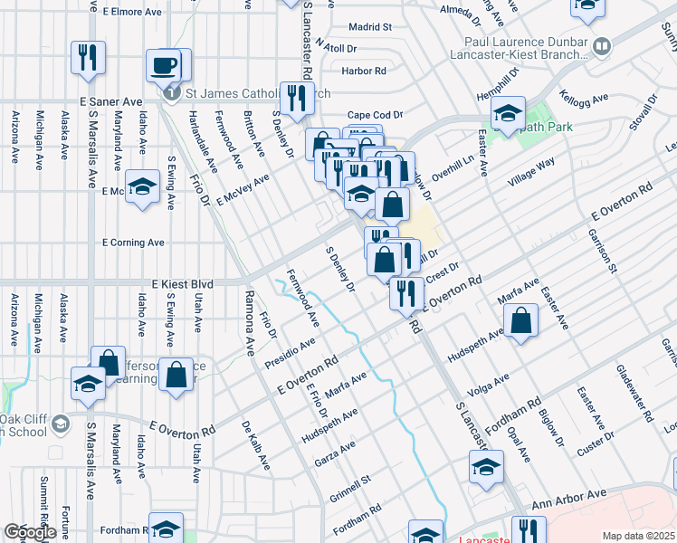 map of restaurants, bars, coffee shops, grocery stores, and more near 1549 Maywood Avenue in Dallas