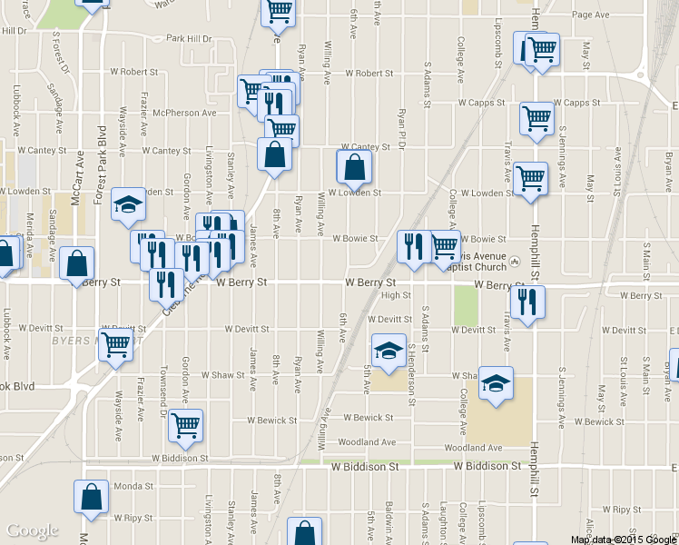 map of restaurants, bars, coffee shops, grocery stores, and more near 1405 West Berry Street in Fort Worth