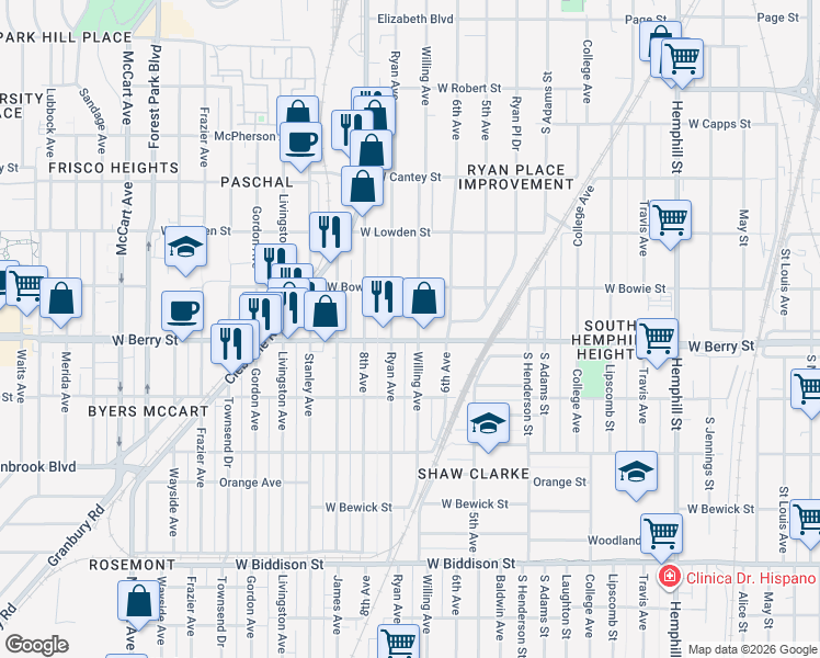 map of restaurants, bars, coffee shops, grocery stores, and more near 1520 West Berry Street in Fort Worth