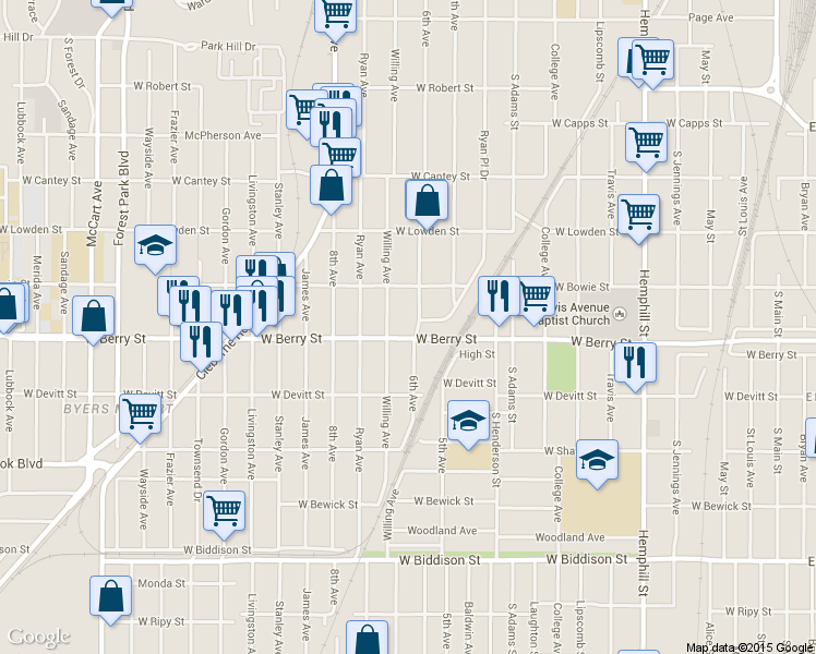 map of restaurants, bars, coffee shops, grocery stores, and more near 1401 West Berry Street in Fort Worth