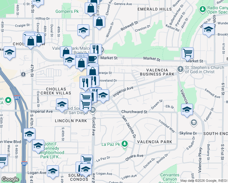 map of restaurants, bars, coffee shops, grocery stores, and more near 5236-38 Imperial Avenue in San Diego