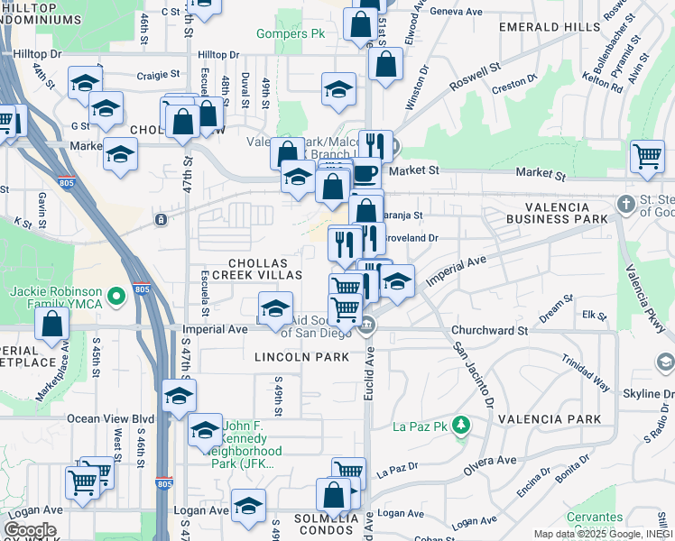 map of restaurants, bars, coffee shops, grocery stores, and more near 244 50th Street in San Diego