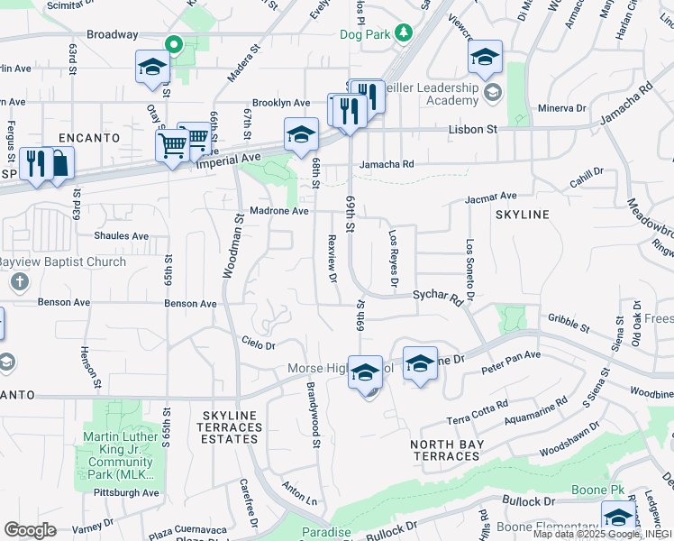 map of restaurants, bars, coffee shops, grocery stores, and more near 257 Rexview Drive in San Diego