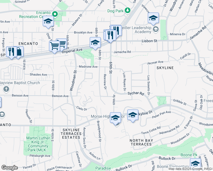 map of restaurants, bars, coffee shops, grocery stores, and more near 257 Rexview Drive in San Diego