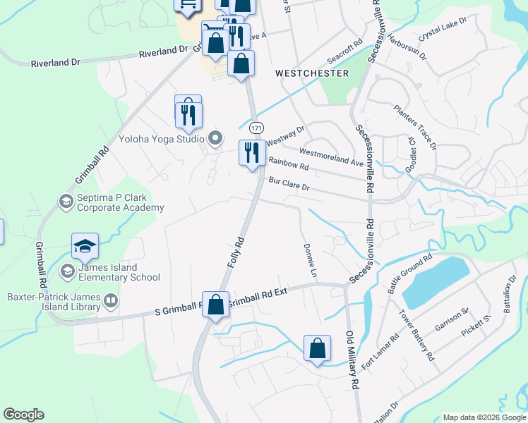 map of restaurants, bars, coffee shops, grocery stores, and more near 1566 Folly Road in Charleston