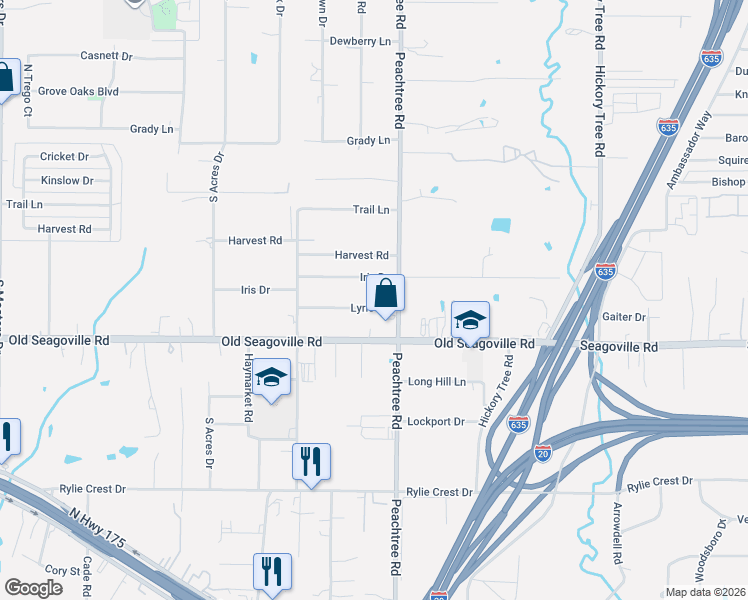 map of restaurants, bars, coffee shops, grocery stores, and more near 11312 Lyric Lane in Balch Springs