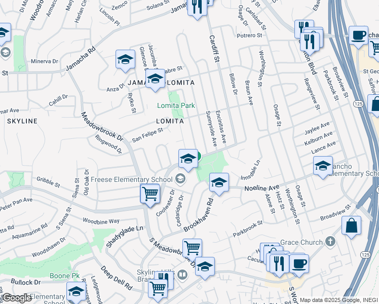 map of restaurants, bars, coffee shops, grocery stores, and more near 207 Redcrest Drive in San Diego