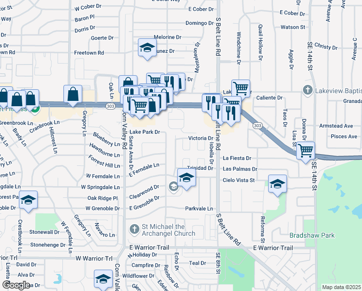 map of restaurants, bars, coffee shops, grocery stores, and more near 2619 San Sabastian Circle in Grand Prairie
