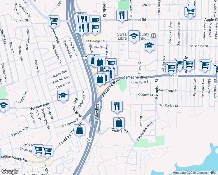 map of restaurants, bars, coffee shops, grocery stores, and more near 8626 Jamacha Boulevard in Spring Valley