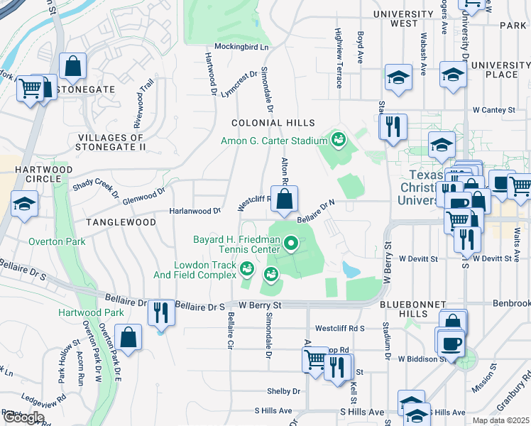 map of restaurants, bars, coffee shops, grocery stores, and more near 3704 Bellaire Drive North in Fort Worth