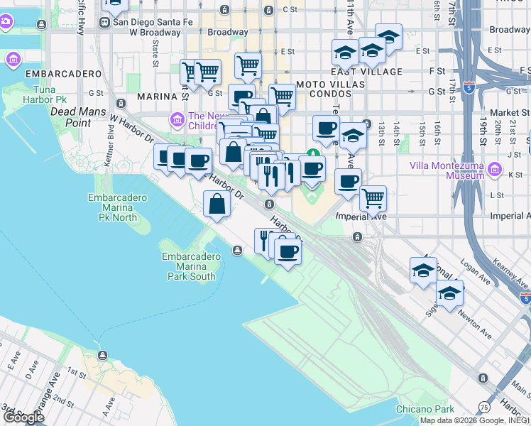 map of restaurants, bars, coffee shops, grocery stores, and more near 335 Harbor Drive in San Diego