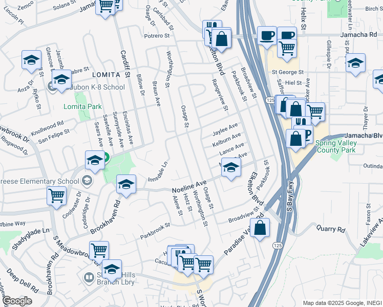 map of restaurants, bars, coffee shops, grocery stores, and more near 722 Osage Street in Spring Valley