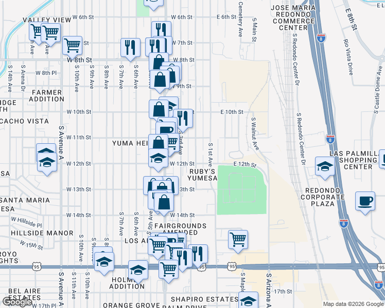 map of restaurants, bars, coffee shops, grocery stores, and more near 1130 South 2nd Avenue in Yuma