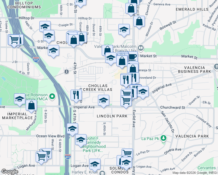 map of restaurants, bars, coffee shops, grocery stores, and more near 262 Willie James Jones Avenue in San Diego