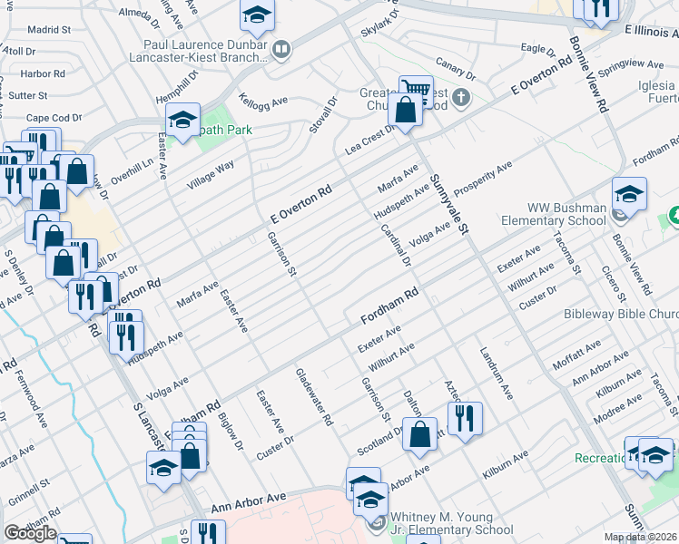 map of restaurants, bars, coffee shops, grocery stores, and more near 2443 Volga Avenue in Dallas