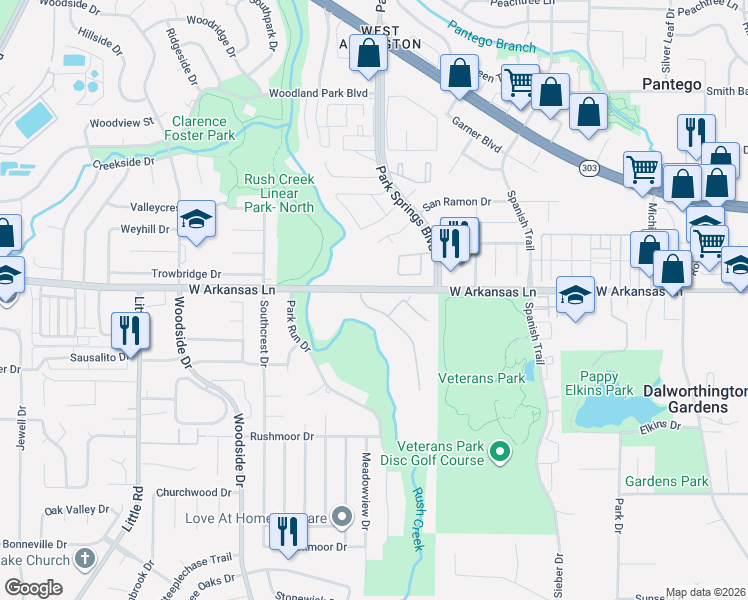 map of restaurants, bars, coffee shops, grocery stores, and more near 2311 Panorama Court in Arlington