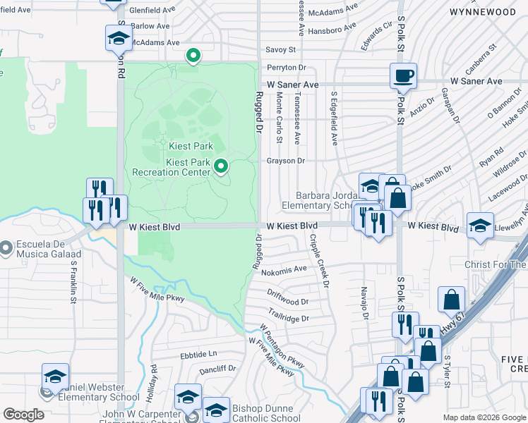 map of restaurants, bars, coffee shops, grocery stores, and more near 3486 Rugged Drive in Dallas