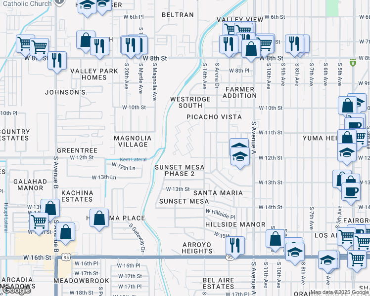 map of restaurants, bars, coffee shops, grocery stores, and more near 1600 West 12th Street in Yuma
